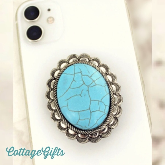 Western Styled Oval Phone Grip Faux Turquoise & Burnished Silvertone - Picture 4 of 5